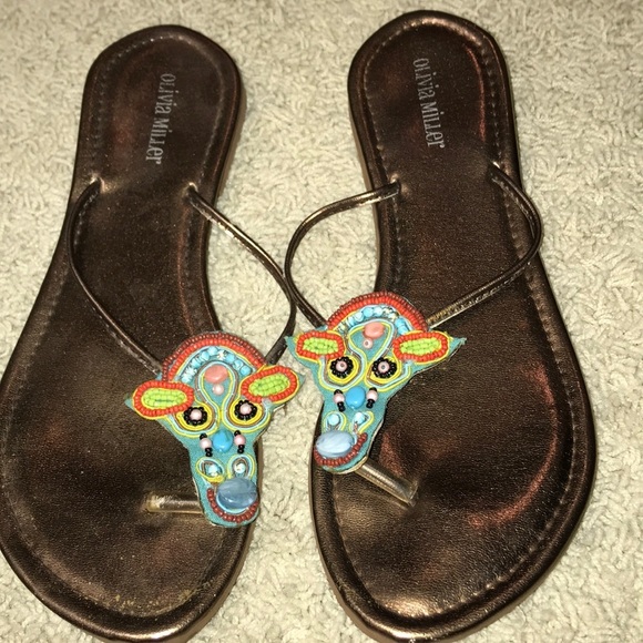 Olivia Miller Colorful Beaded Flip Flop Sandals Copper Lightweight Size 8 - Picture 3 of 8